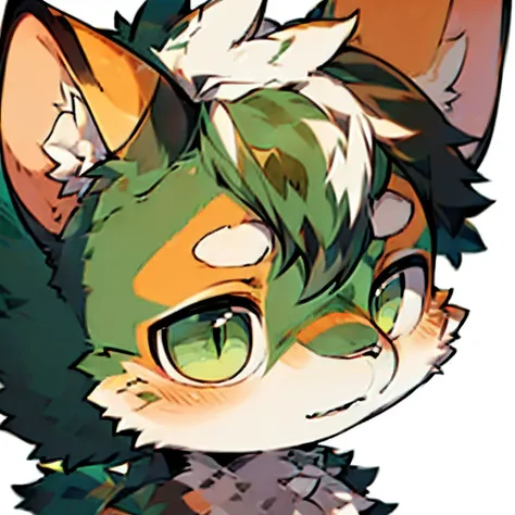 High quality anime style，Anatomically accurate，high detal，A high resolution，Bright green eyes, Character focus，simplebackground, 独奏, shaggy, Furry cute male, malefocus,Side close-up，Leopards anthropomorphize，Black and white decors