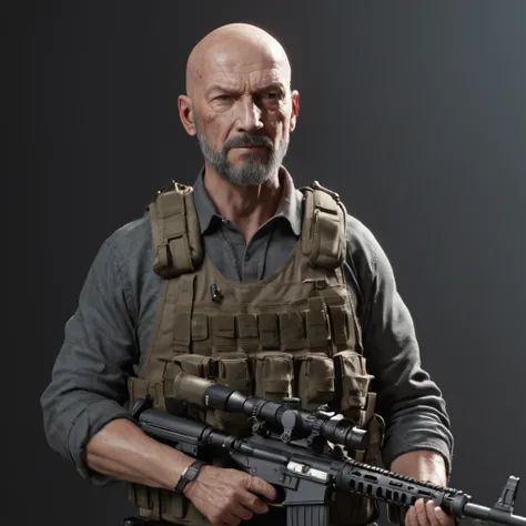 Tough mercenary type man holding a Remington® 700™ XCR Long-Range Tactical Bolt-Action Rifle,face mix of Walther White and bruce willis, tony stark style beard,bald head, realistically, dynamic lights, old, full shoot, trending on ArtStation, trending on C...