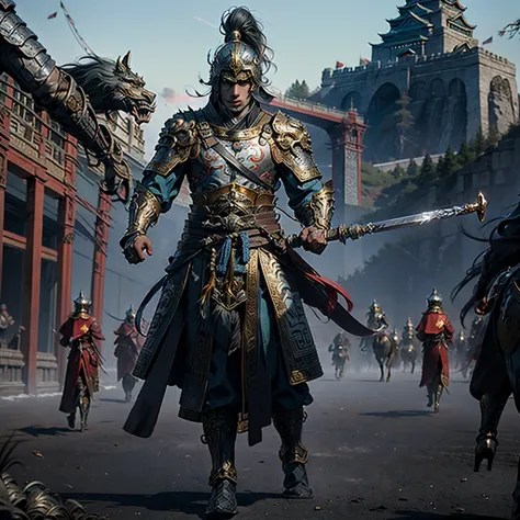 in a panoramic view，sportrait，photorealestic，Modern style，Blue sky, the great wall，3girl，Three generals，Dressed in gorgeous golden Chinese armor，Golden helmet，Riding a black war horse，holding sabre，Stand in front of the Great Wall，Sharp eyes，professinal，Me...