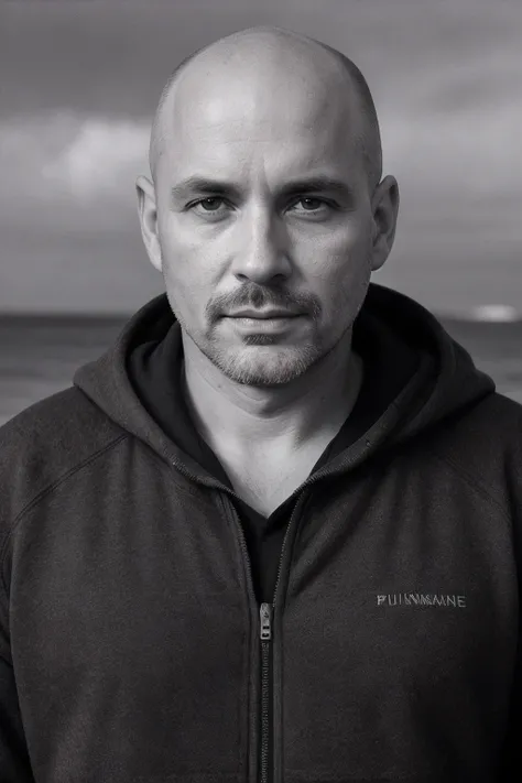 b&w photo of 42 y.o man in black clothes, bald, face, half body, body, high detailed skin, skin pores, coastline, overcast weather, wind, waves, 8k uhd, dslr, soft lighting, high quality, film grain, Fujifilm XT3