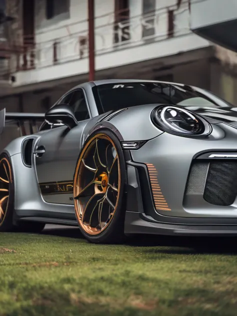 foto de um porsche 992 gt3 rs cinza em uma paisagem ampla com Widebody e neon