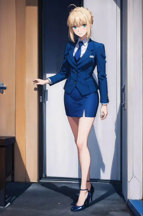 (masterpiece:1.4), (best quality:1.4), realistic, 1girl, artoria pendragon \(fate\), blue skirt suit, blue blazer, blue pencil s...