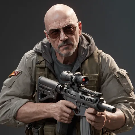 Tough mercenary type man holding a Remington® 700™ XCR Long-Range Tactical Bolt-Action Rifle,face mix of Walther White and bruce willis, tony stark style beard,bald head,walter whites glasses, realistically, dynamic lights, old, full shoot, trending on Art...