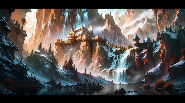 there is a castle on a mountain with a waterfall in the background, highly realistic concept art, high quality matte painting, highly detailed matte painting, andreas rocha style, high fantasy matte painting, exquisite matte painting, matte painting concep...