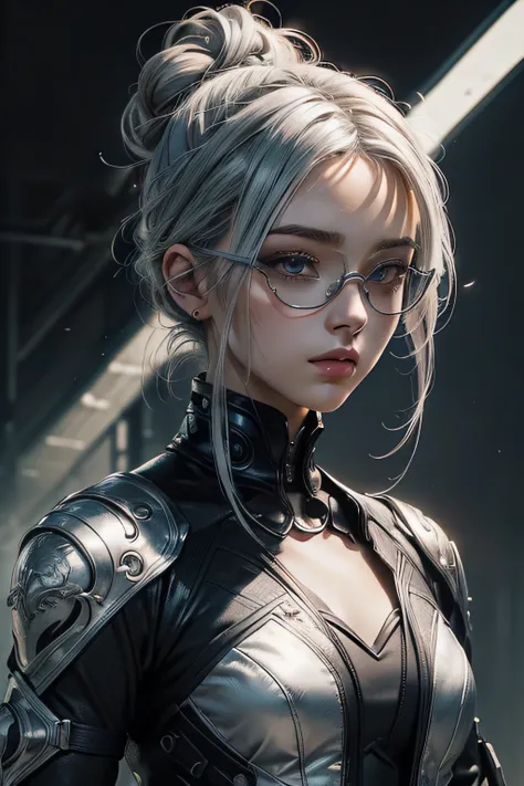 (masterpiece, top quality, best quality, official art, beautiful and aesthetic:1.2), (1girl), extreme detailed,colorful,highest detailed,cute, light grey hair,black goggle, hair bun