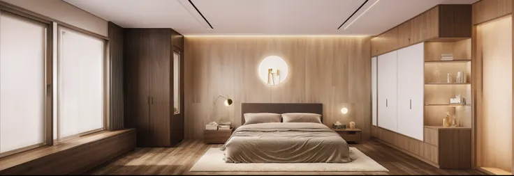 modern bedroom design, 1 wardrobe, 1 bed, 1 floor carpet, high-rise plaster ceiling, 1 white curtain with glass wall, luxury, su...