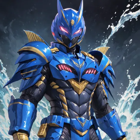 Kamen Rider，Batman helmet，Blue armor，Armed with a water gun，Sea backgroun，Sci-fi hero，top-quality，tmasterpiece，cruel