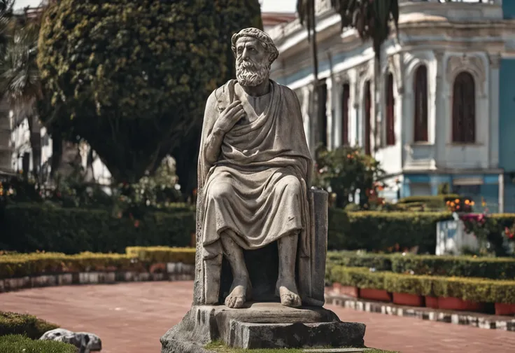 wise man, Stoic statue, cinza, antiga, Greece, observando, cidade abaixo