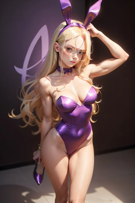 Slim petite playboy bunny with long styled blonde hair in a purple satin strapless swimsuit and high heels standing and flexing her bicep fist clenched and arm held in a right angle bicep parallel to the floor