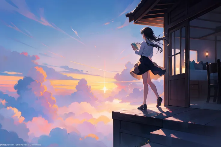 Create an exquisite illustration reminiscent of Makoto Shinkais style, characterized by its superfine detail and top-tier quality. Your task is to skillfully capture the entrancing essence of a nostalgic scene where the horizon seamlessly melds with a vast...