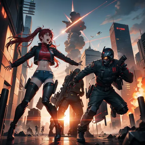 Full body shot, female asian Irina Shidou red hair twintails green eyes, in a cyberpunk city, wearing a bomber jacket and crop top and denim shorts, fighting a humanoid robot android with metal chrome exterior, holding a big machine gun, holding a long las...