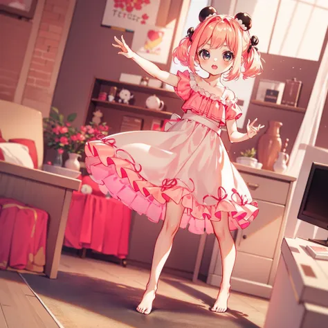 very cute female child:1.5,10 yo,clothes with peach-colored ruffles:1.8, barefoot, summer,action:1.6,dynamic pose,dynamic angle,...