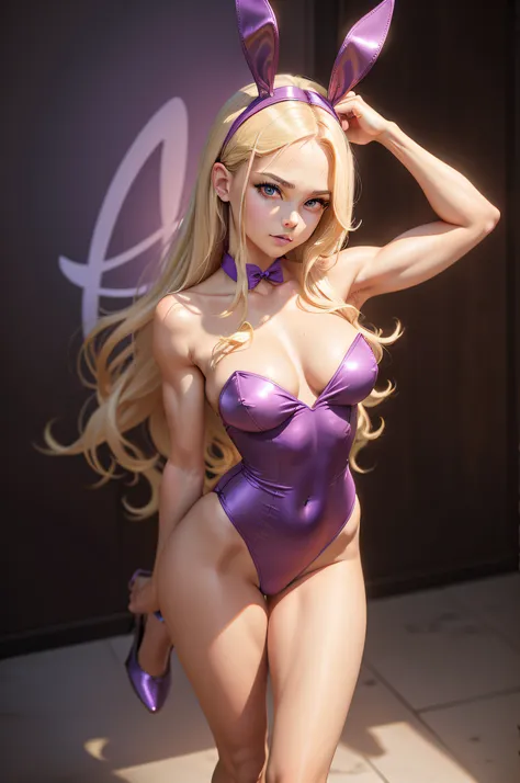 Slim petite playboy bunny with long styled blonde hair in a purple satin strapless swimsuit and high heels standing and flexing her bicep fist clenched and arm held in a right angle bicep parallel to the floor