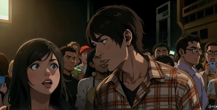 Anime scene, guy talking to a girl, concert crowd background