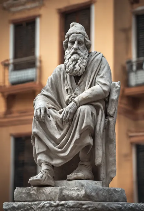 wise man, Stoic statue, cinza, antiga, Greece, observando, cidade abaixo, lendo um livro