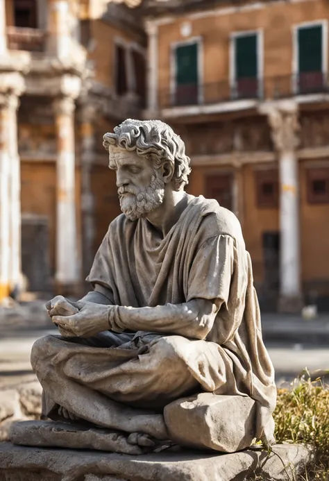 wise man, Stoic statue, cinza, antiga, Greece, observando, cidade abaixo, lendo um livro