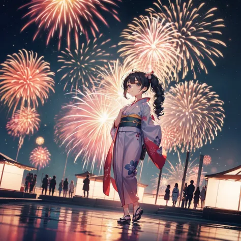 Chibi:1.8,girls,Kimono,Girl in Yukata,Blowing in the wind,Summer Festivals,natta,food stand,scenery reflected in the water,Spirit Stream,Big  Fireworks:1.7,Fireworks in the night sky:1.8,poney Tail,action:1.6,dynamic pose,dynamic angle,ground-level shot,lo...