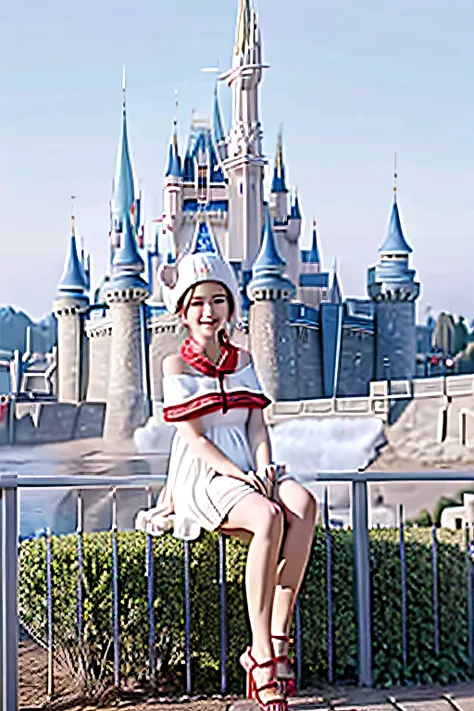 arapei girl sitting on fence in white dress and red hat, disney!!, ( castle in background ), the background is disneyland castle...