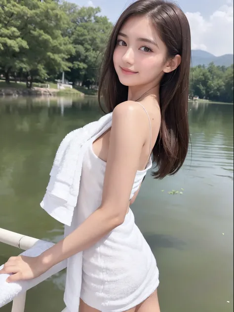 (​masterpiece), (top-quality), (white Tube top extremely small dress:1.5), (perfect exposed shoulders:1.5), (perfect exposed nape:1.5), (towel fabric:1.5), (blushed face:1.3), (barechested:1.3), (realistic:1.5), 1 little girl, precise small hands, Embarras...