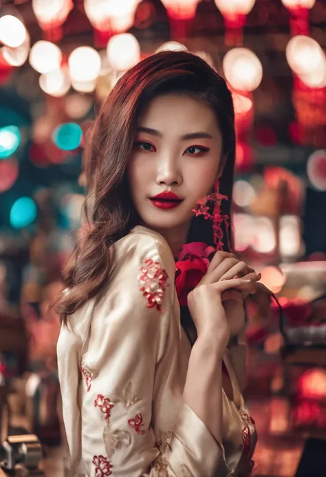 Chinese faces，Single photo，Full body photo，Sexy woman，Red lipstick