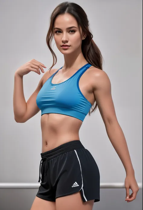 Arafed woman in a blue sports bra top and black shorts, Photo adjustment, menina em forma, corpo tonificado, modelo fitness, Encaixe figura delicada, brassier, malhar, bem tonificado, sport bra and shorts, sporty physique, mulher em forma, sport bra and da...