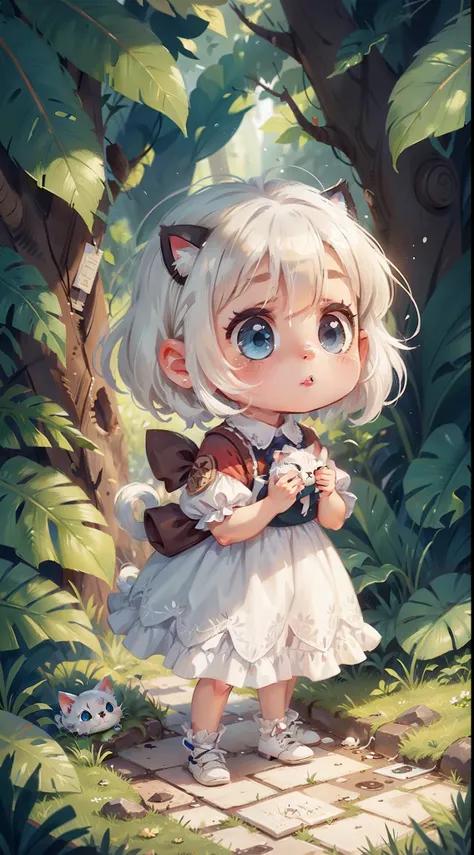 A kitten, white hair, cute, chibi, blue eyes