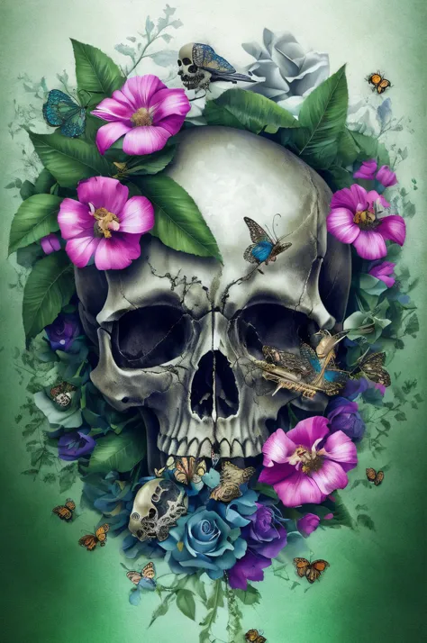 a skull with flowers and butterflies on its head, fantasy skull, arte assombrosamente bela, skull bones flowers, arte mais detalhada, arte digital altamente detalhada, sacred skull, Arte digital escura, mas detalhada, death skull, skull, obras de arte impr...