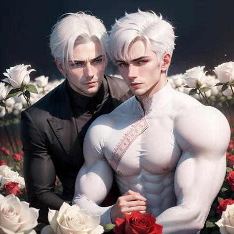 Handsome and cold looks，White skin，with short white hair， Red eyes，Three-dimensional facial features，in a white shirt，Abstinence，Behind you is a field of red roses at night，Romantic and dangerous，frontage，The upper part of the body