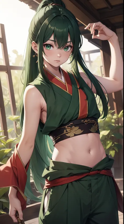 young boy, long dark green hair, high ponytail, Green eyes, Battle with Hanfu, Sleeveless, open belly, pants, Masterpiece, hiquality