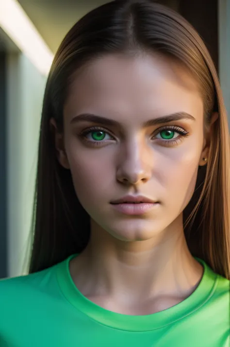 Melhor qualidade, obra-prima, Ultra high resolution, (fotorrealista: 1.4), foto bruta, 1girl, no escuro, sombra profunda, chave baixa, luz fria, pale skin, natural green eyes, green t-shirt, close-up