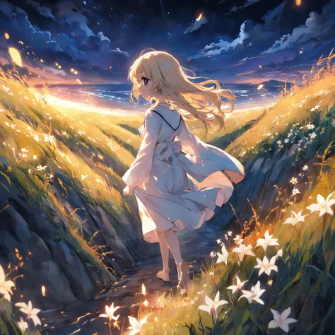 eventide，Stars，The back of the girl，white dresses，A sea of lilies，Rolling hills