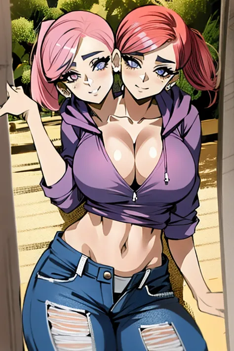 2heads, a short fat woman with 2 heads. She has enormous breasts. She is wearing a baggy hoodie and jeans. She looks young. She has massive perky breasts. She has pink hair in a short ponytail. She is extremely short. She is chubby. She is outside in a par...