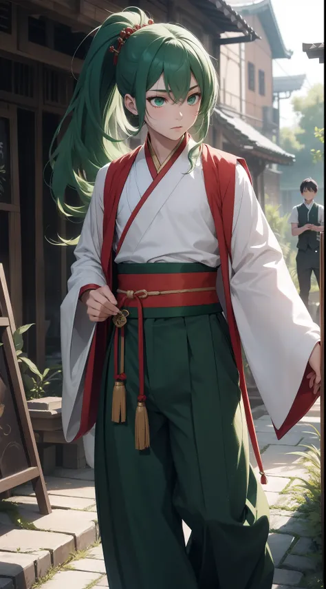 young boy, long dark green hair, high ponytail, Green eyes, Battle with Hanfu, Sleeveless, open belly, pants, Masterpiece, hiquality