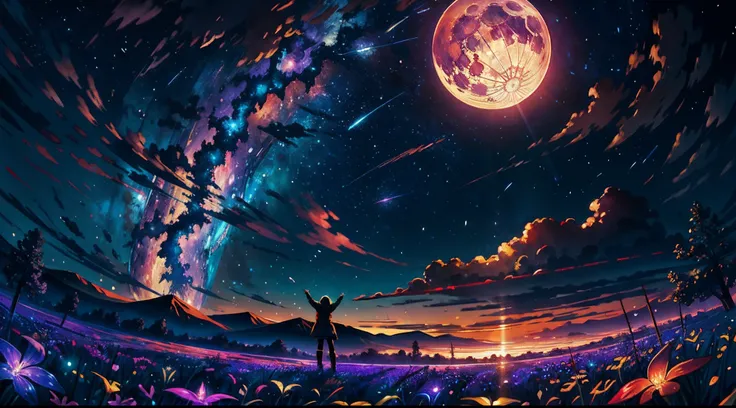 expansive landscape photograph , (a view from below that shows sky above and open field below), a girl standing on flower field looking up with hands raised, (full moon:1.2), ( shooting stars:0.9), (nebula:1.3), distant mountain, tree BREAK
production art,...