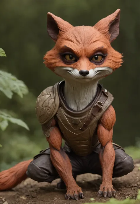 a humanoid creature with the features of a fox and mutant traits similar to those of the Ninja Turtles. The creature should have the body shape of a human, but with fox-like fur and facial features, such as a pointed snout and triangular ears. The mutant t...