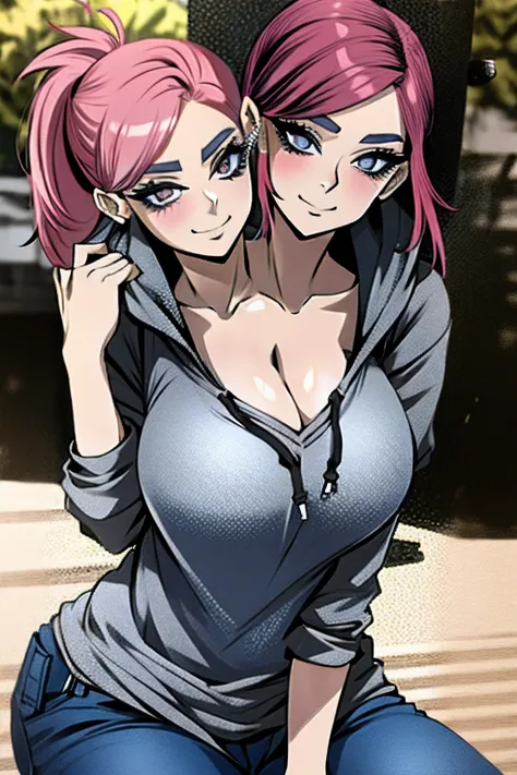 2heads, a short fat woman with 2 heads. She has enormous breasts. She is wearing a baggy hoodie and jeans. She looks young. She has massive perky breasts. She has pink hair in a short ponytail. She is extremely short. She is chubby. She is outside in a par...