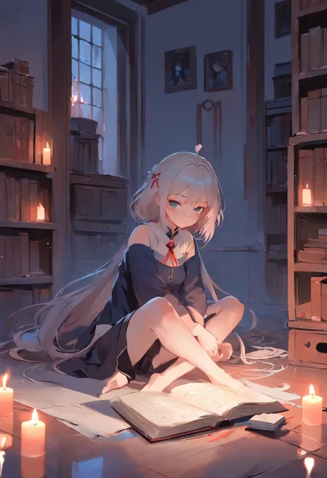 Anime girl sitting on the floor with a book and a candle, artwork in the style of guweiz, guweiz on pixiv artstation, guweiz on artstation pixiv, guweiz, artgerm and atey ghailan, loish and ross tran, loish and wlop, wlop and sakimichan