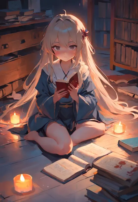 Anime girl sitting on the floor with a book and a candle, artwork in the style of guweiz, guweiz on pixiv artstation, guweiz on artstation pixiv, guweiz, artgerm and atey ghailan, loish and ross tran, loish and wlop, wlop and sakimichan