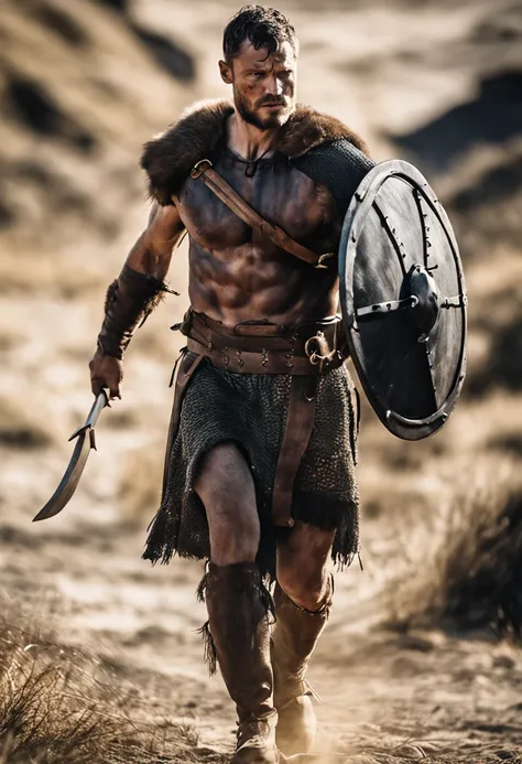 Portrait of a Viking warrior, Armored armor on stone shoulder , Jamie Dornan, very handsome and strong, strong and muscular, tanned and strong, dark short hair, brave warrior, similar to actor Jamie Dornan, standing in front of a burning village, cliffs, c...