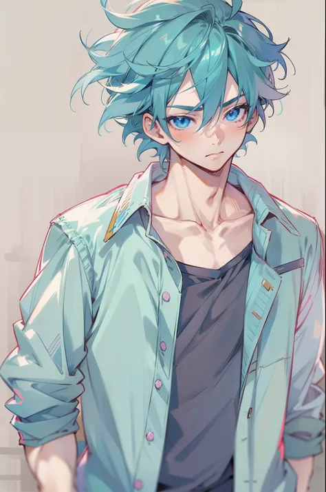 (1boy,masculino),Menino de anime com cabelo azul e uma camisa de beisebol, Estilo anime 2D, musculoso