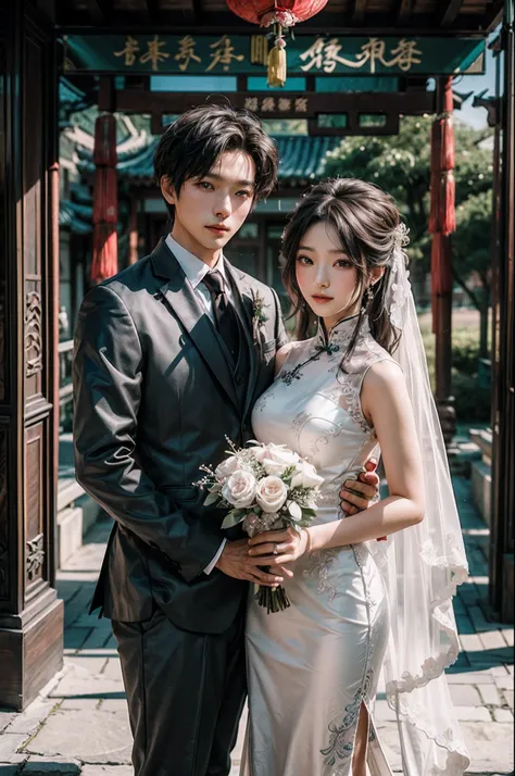 "An enchanting Chinese-style wedding image capturing the moment of love, featuring a handsome groom and a beautiful bride, looking at viewer,elegantly standing together against a captivating Chinese backdrop."