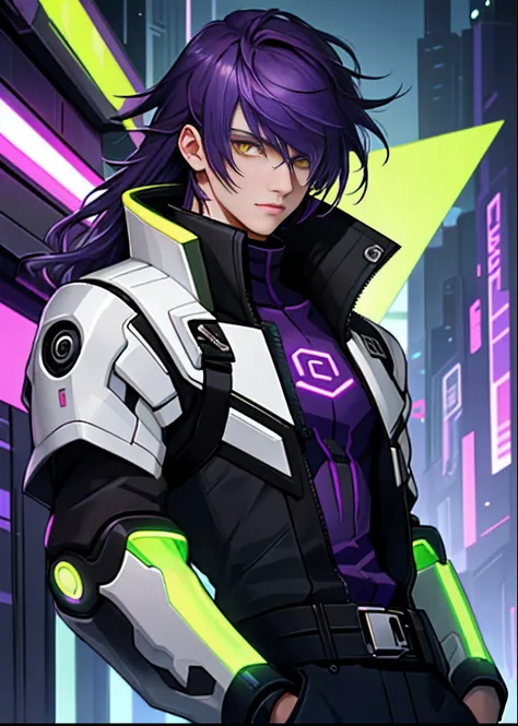 cyber punk perssonage，Beautiful boy，16 yaers old，High picture quality，Exquisite，Deep purple hair，Yellow eyes，The right eye is covered by bangs，incomparable beauty，Modern style clothing，The right eye is hidden by hair