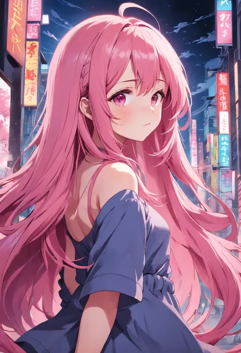 Create an anime style illustration of a pink long-haired girl, Wear minimalist clothes，accentuating her curves. Emphasize gentle body, Curvy figure. Convey her confidence and unique charm through her posture and expressions, Show a character who embraces h...