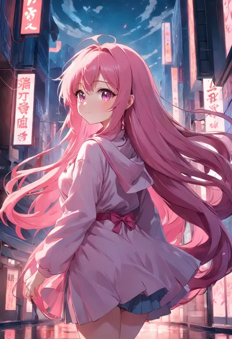 Create an anime style illustration of a pink long-haired girl, Wear minimalist clothes，accentuating her curves. Emphasize gentle body, Curvy figure. Convey her confidence and unique charm through her posture and expressions, Show a character who embraces h...