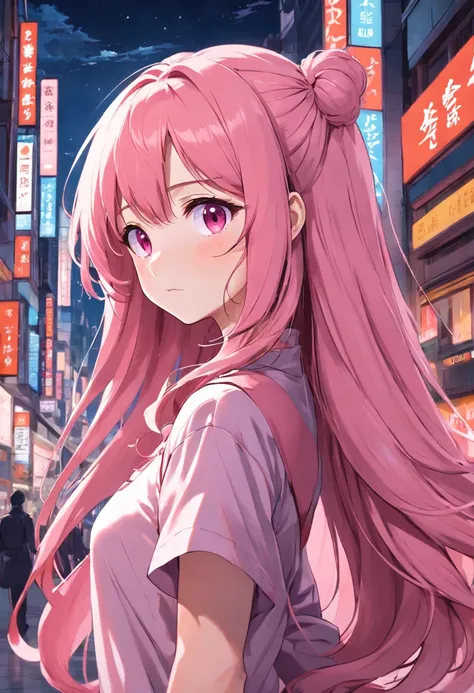 Create an anime style illustration of a pink long-haired girl, Wear minimalist clothes，accentuating her curves. Emphasize gentle body, Curvy figure. Convey her confidence and unique charm through her posture and expressions, Show a character who embraces h...