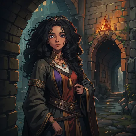 a woman a young teenage girl with long curly black curly curly hair curly curly curly like an African princess she has a gentle smile and a lean body lolly she wears medieval clothes of a monk woman with monks robes and stands in the middle of a cell a med...