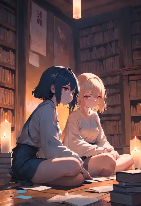 Two girls in anime sitting opposite each other on the floor with books and candles、artwork in the style of guweiz, guweiz on pixiv artstation, guweiz on artstation pixiv, guweiz, artgerm and atey ghailan, loish and ross tran, loish and wlop, wlop and sakim...