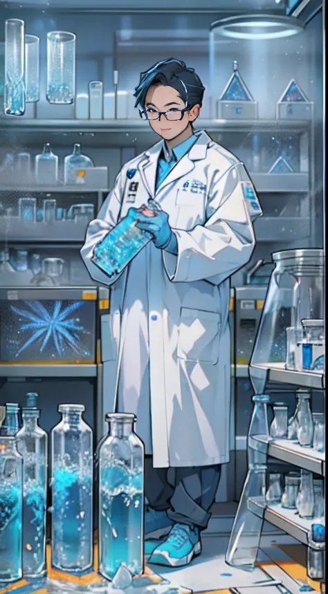 A scientist in a white lab coat stands in front of a lab equipment, holding a small bag of shimmering blue sea ice crystals, the lab is filled with test tubes, bottles, and equipment,,in the style of the stars art group xing xing, 32k, best quality, master...