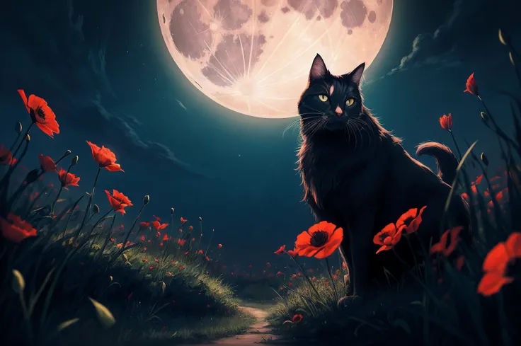 there is a cat that is standing in the grass with a full moon, warrior cats fan art, warrior cats, 4k highly detailed digital art, stunning digital illustration, beautiful digital artwork, 4k detailed digital art, beautiful digital illustration, calm night...