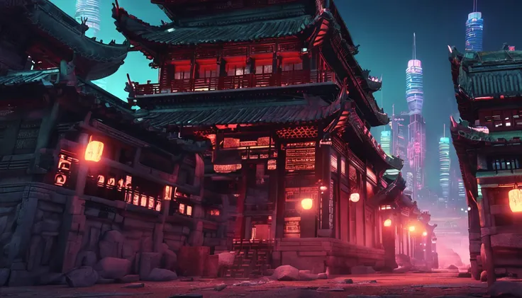 Chinese Drum Tower，Ancient architecture and future cities combined，Studio background，Cyberpunk night view，Cinematic texture，Meticulous，フォトリアリスティック